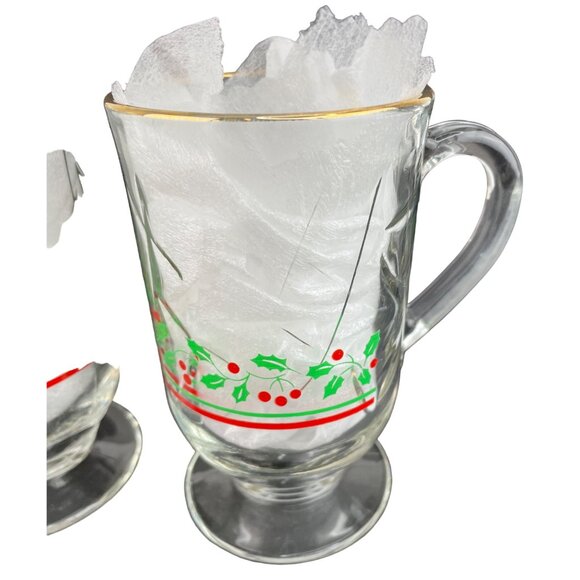 Vintage Libbey Glassware Set of 2 Glass Christmas Mugs With Holly Decor-Gold Rim - Picture 3 of 11